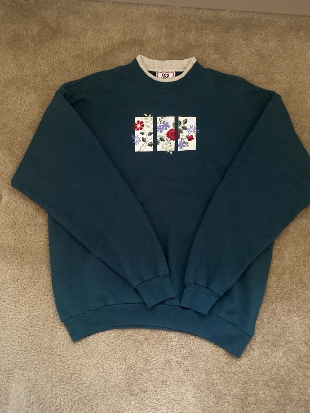 Crewneck Floral Panel Sweater in Teal